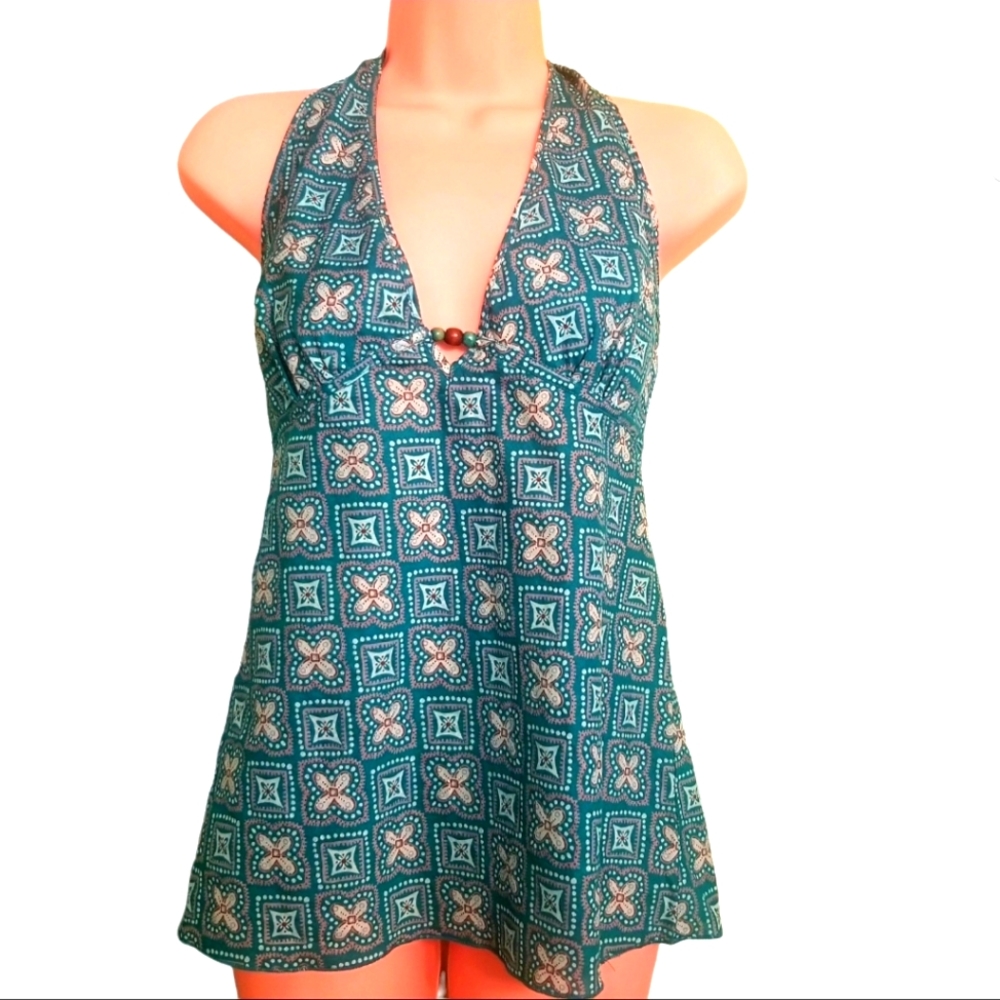 Blue Geomatric Patterned V-neck Halter Top Size Small